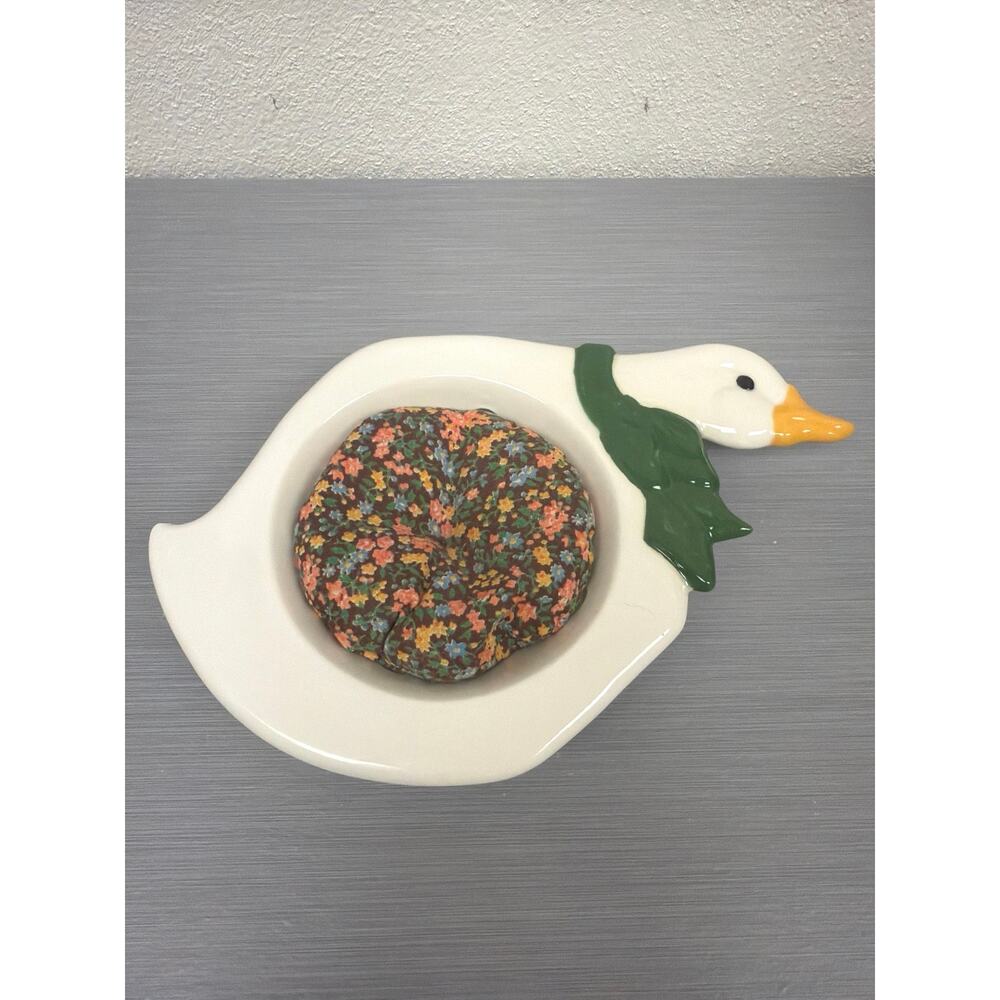 Vintage Goose Duck Decor Pin Cushion Wall Hanging Trinket Dish Green Country